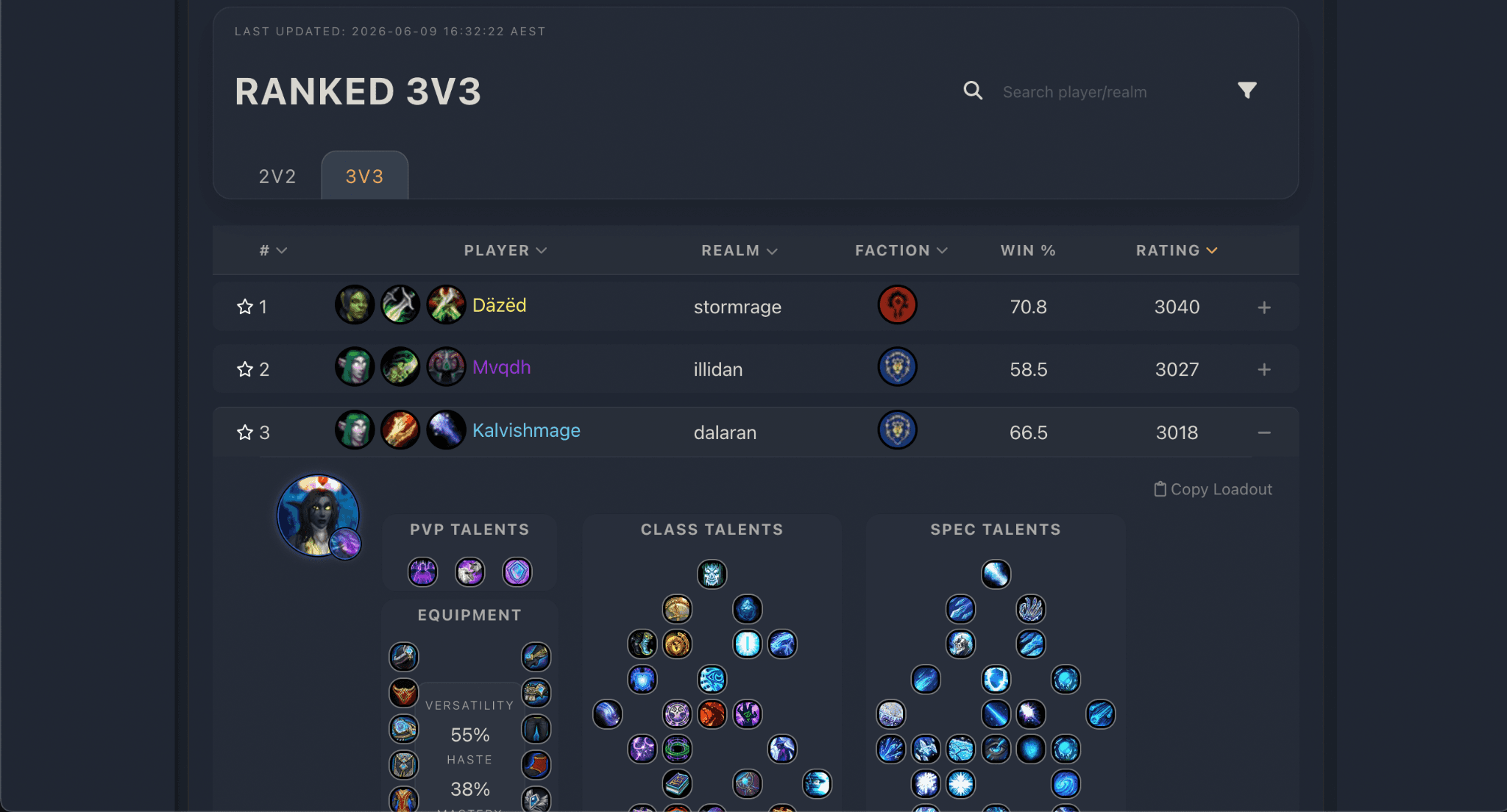 Ranked leaderboard interface with searchable, filterable player rankings