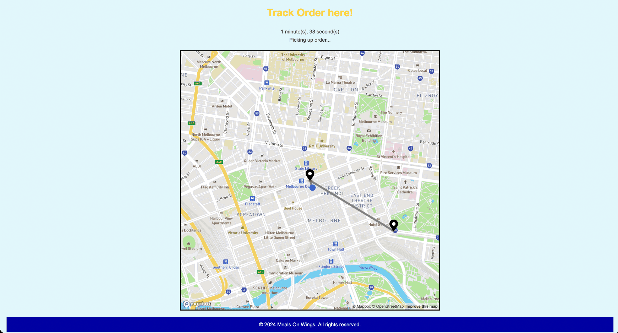 Live order-tracking map showing delivery route and ETA